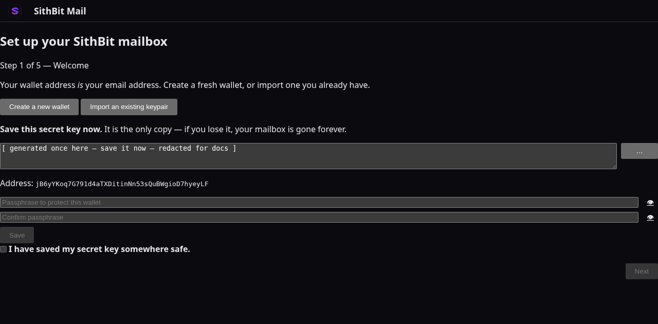 The “Create a new wallet” branch of the wizard — after a fresh Solana keypair is generated in the browser, the secret key is revealed exactly once under a “Save this secret key now — it is the only copy” warning (redacted in this screenshot), alongside the derived wallet address, a passphrase field and a matching confirmation field (each with an eyeball toggle that reveals what was typed) that encrypt the wallet locally, and an “I have saved my secret key somewhere safe” checkbox that gates the Next button.