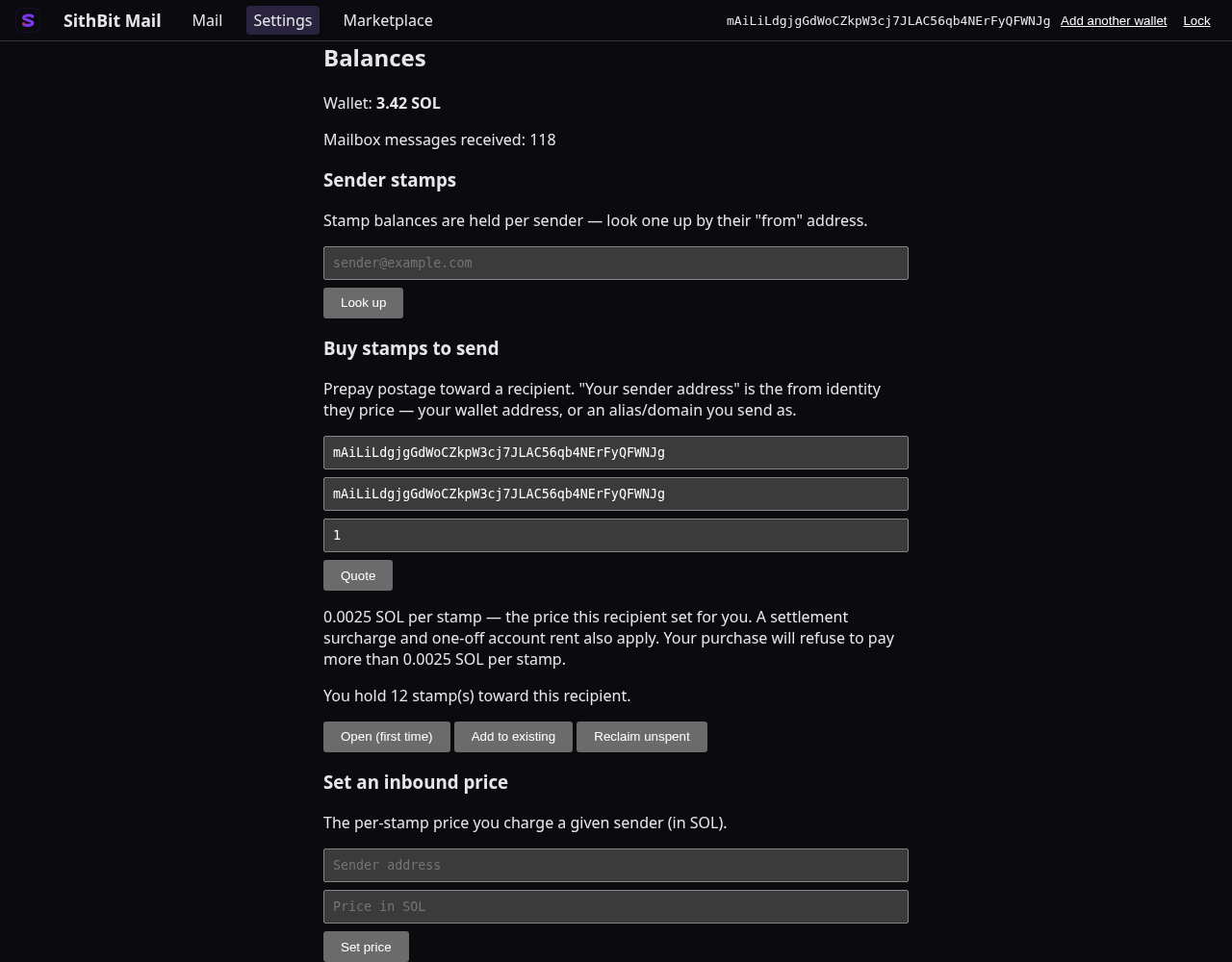 The webmail #/settings dashboard on its Wallet tab, showing the Balances pane — the wallet balance and mailbox message count above a Sender stamps look-up form, then “Buy stamps to send” with the sender and recipient addresses filled in and a returned quote reading “0.0025 SOL per stamp — the price this recipient set for you” over “You hold 12 stamp(s) toward this recipient.”, with Open (first time), Add to existing, and Reclaim unspent buttons beneath it, and the Set an inbound price form below.