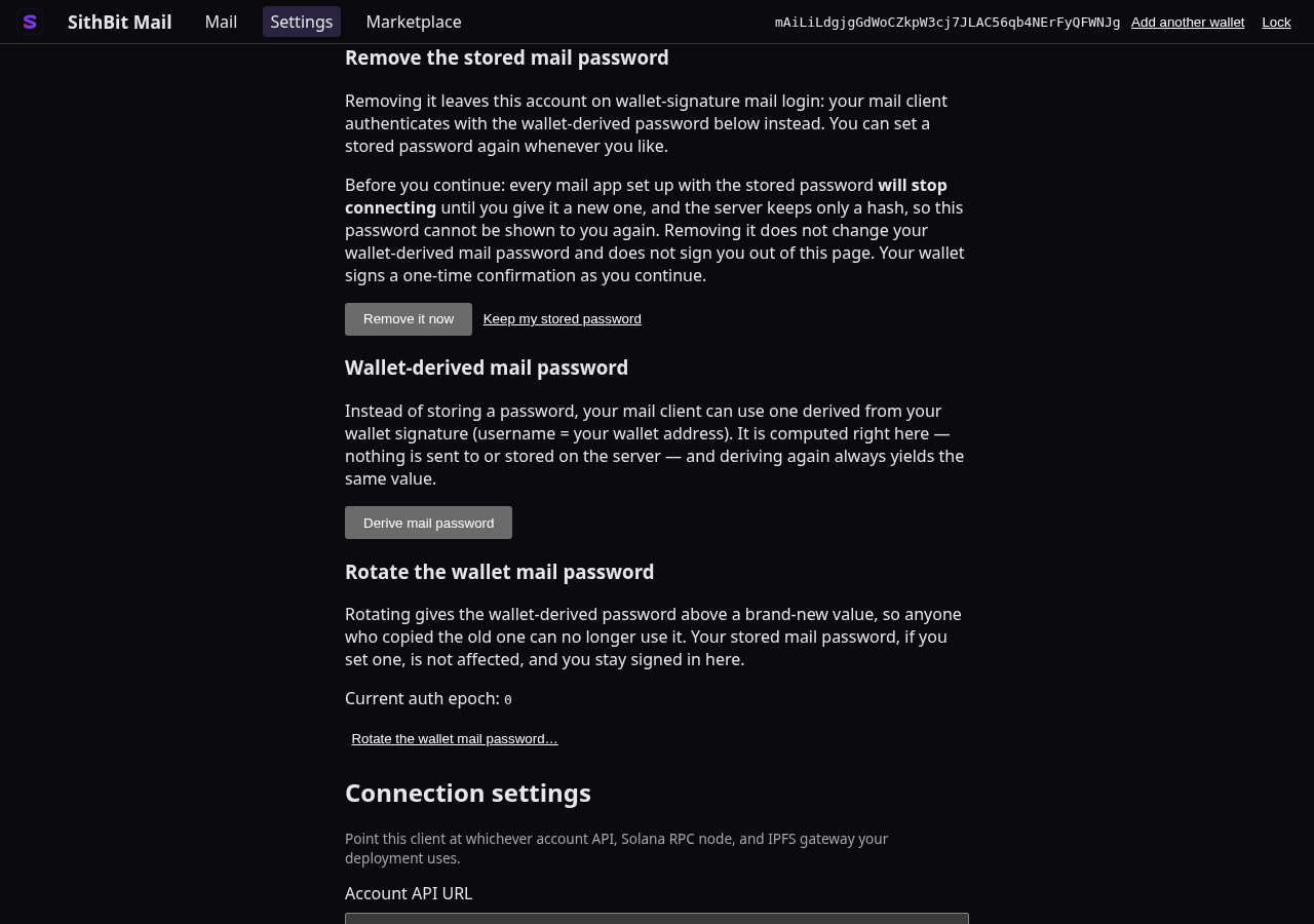 The webmail #/settings dashboard on its Sign-in tab, scrolled to the “Remove the stored mail password” section — the heading above “Removing it leaves this account on wallet-signature mail login: your mail client authenticates with the wallet-derived password below instead. You can set a stored password again whenever you like.”, with the control already armed, so the warning “Before you continue: every mail app set up with the stored password will stop connecting until you give it a new one, and the server keeps only a hash, so this password cannot be shown to you again. Removing it does not change your wallet-derived mail password and does not sign you out of this page. Your wallet signs a one-time confirmation as you continue.” shows above the Remove it now and Keep my stored password buttons.