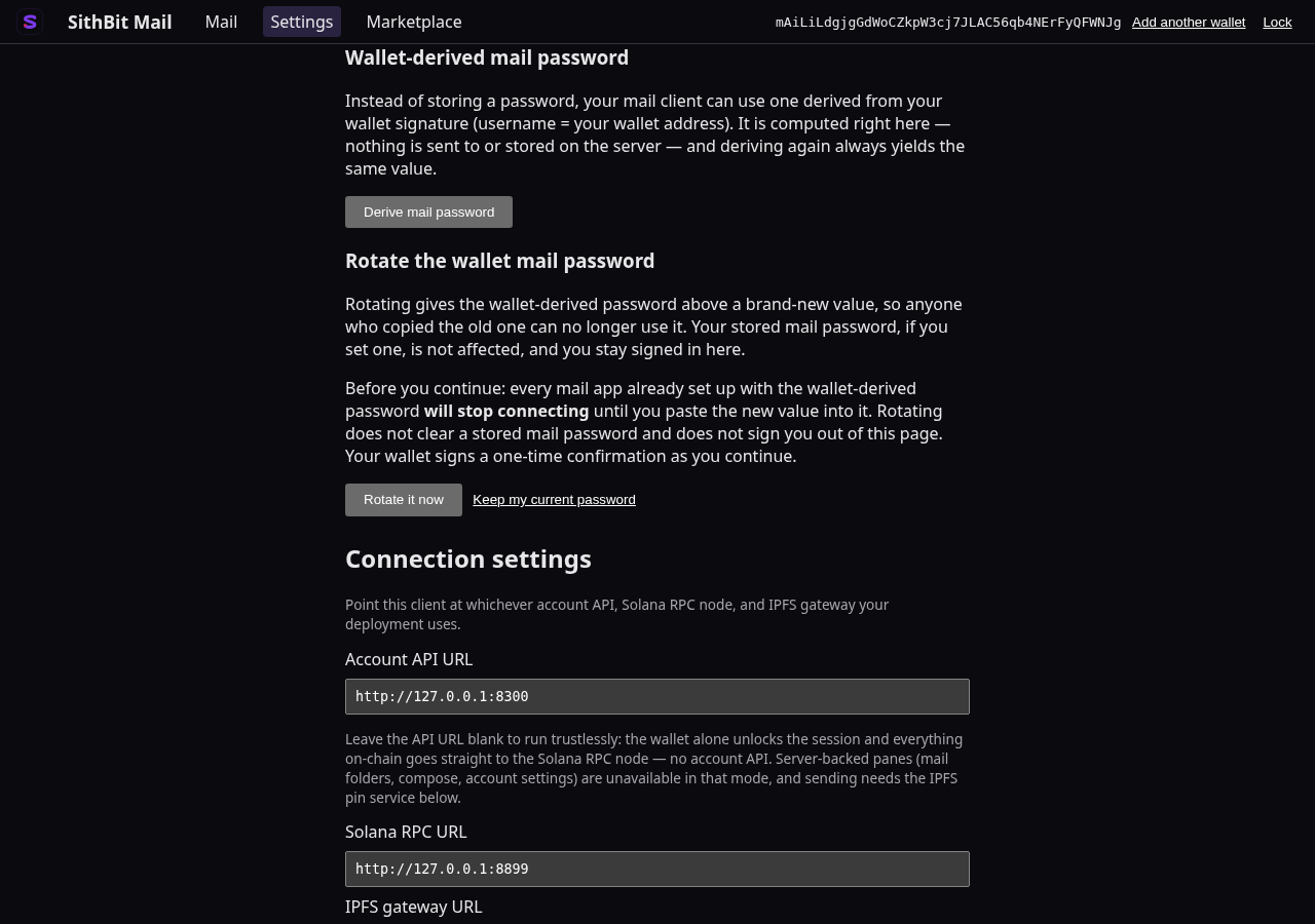 The webmail #/settings dashboard on its Sign-in tab, scrolled to the Wallet-derived mail password section — the Derive mail password button above a “Rotate the wallet mail password” heading whose control has been armed, so the warning “every mail app already set up with the wallet-derived password will stop connecting until you paste the new value into it. Rotating does not clear a stored mail password and does not sign you out of this page. Your wallet signs a one-time confirmation as you continue.” shows above the Rotate it now and Keep my current password buttons.